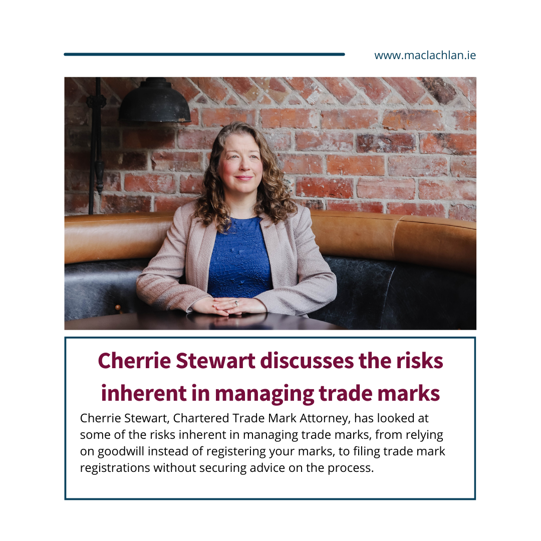 Cherrie Stewart, Chartered Trade Mark Attorney, sits at a table in front of a brick wall. In the article she discusses the risks of trade marks